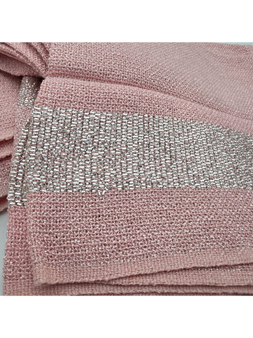 MCM 1950s Pink Woven Tablecloth & 6 Napkins Metallic Gray Accent Barbie Decor - Picture 5 of 10